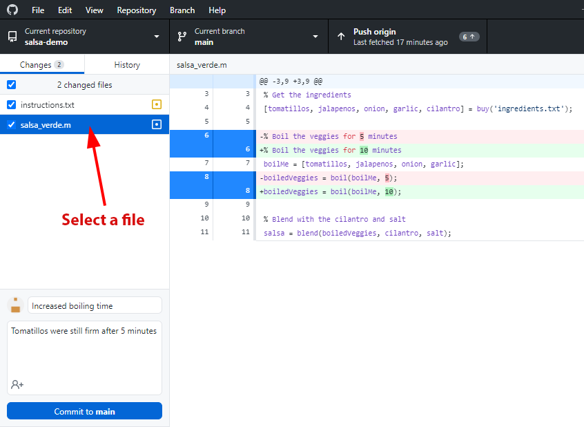 Github Desktop shows that the recipe instructions and code file have changed. A red arrow labeled 'select a file' points to the code file. The changes to the code are shown on the right.